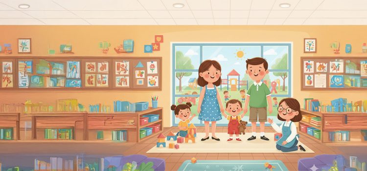 A cartoon of a mom and dad dropping their toddler boy off at a daycare room.